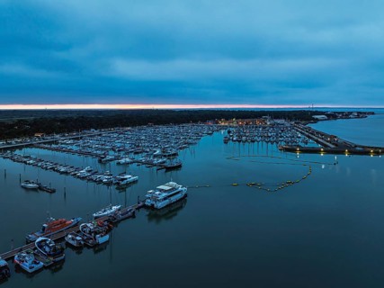 Sunset over Marina in Le Verdon-sur-Mer from a drone, Nouvelle-Aquitaine, Gironde, France, EuropeLe
