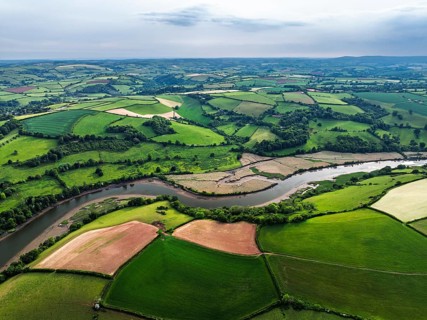Farms and Fields over River Dart from a drone, Stoke Gabriel, Totnes, Devon, England, United