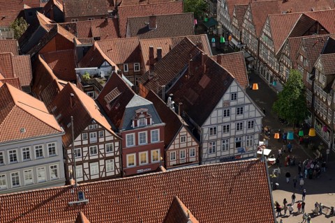 View from the town church tower over the roofs of the historic old town with its four hundred
