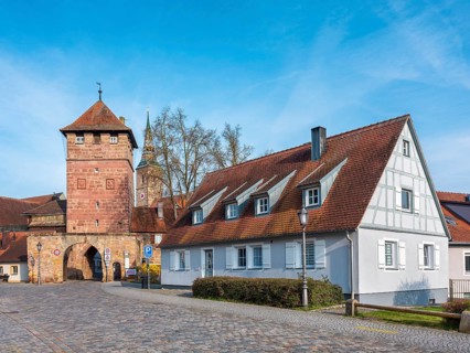 Alley with cobblestones leads through the town gate Unteres Tor, Wolframs-Eschenbach, Middle