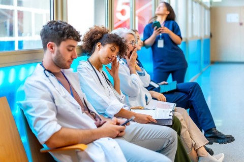 Exhausted medical staff sitting in hospital hallway, experiencing burnout and fatigue from long