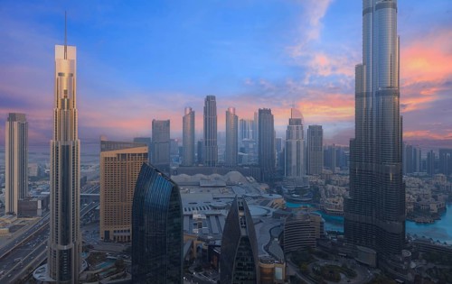 UAE, Dubai downtown financial skyline and business shopping center near Dubai Mall