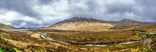 Panorama of Eas a' Bhradain waterfall, Red Cuillin mountains, Loch Ainort, Isle of Skye, Scotland,