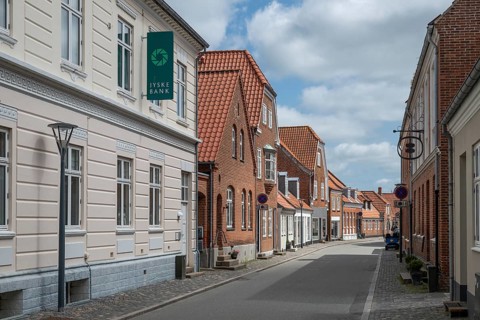 Street with brick buildings, Old Town, Ringkøbing, Ringkøbing Fjord, Denmark