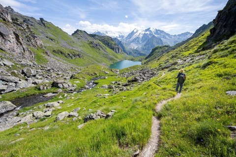 Mountaineer on hiking trail in picturesque mountain landscape, view of mountain lake Lac du Louvie