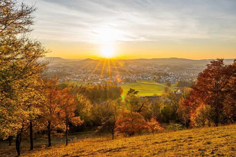 View over the city of Neumarkt from Wolfstein castle ruins at sunset in autumn, Neumarkt in der