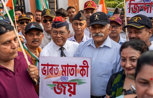 Veterans take part in a rally, in soliderity with the Indian armed forces in Guwahati, India on 14