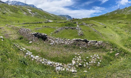 Foundation walls ruins of 2000 year old historical ancient Roman hostel Mansio at the top of the