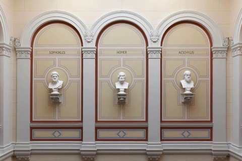 Staircase with busts of ancient Greek and Roman scholars, main building of the University of