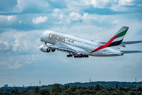 Emirates Airbus A380-800, on take-off, Düsseldorf Airport, North Rhine-Westphalia, Germany