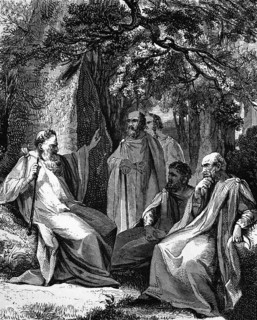 Druids in a sacred grove. In 54 AD, Emperor Claudius banned the Druids, digital reproduction of a
