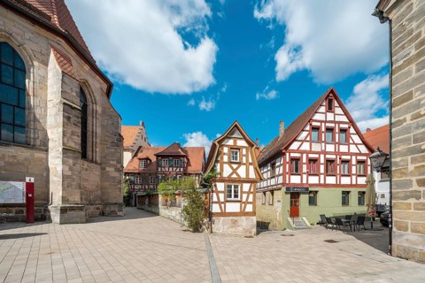 Franconian half-timbered houses at the church of St Laurentius at the Oberer Markt, Altdorf near