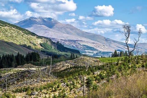 Mountains over Loch Tay, River Dochart, Road A85, Perthshire, Scotland, UK