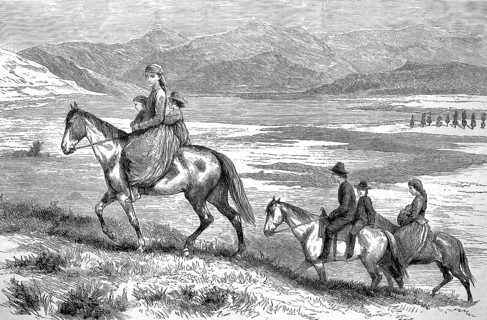 Indian family on horseback at Lake Okanagan, inland lake in British Columbia, 1880, Canada,