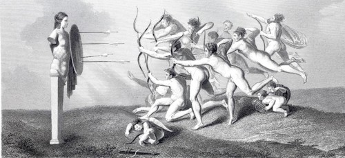 Archers shooting at a herm, Illustration from 1875 after a work by Michelangelo Buonarroti from