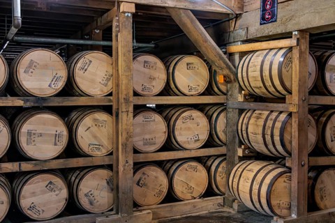 Barrels of whiskey aging in one of the barrel houses at the Jack Daniel Distillery in Lynchburg,