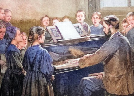 Music teacher in a home for blind children, coloured wood engraving, reproduction of an original