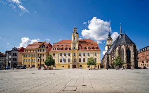 Baroque town hall, Protestant late Gothic St. Mary's Church, town church, and Mohren Pharmacy,