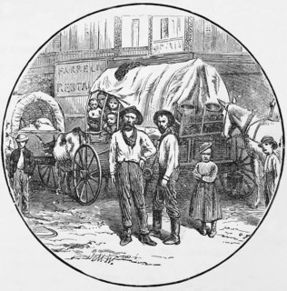 Emigrant family and wagon, around 1870, Kansas, America, digital reproduction of a historical model