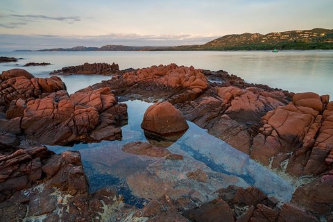 Rocky coast, sunrise, Plage de Palombaggia, Corsica, France