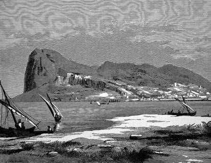 Sailing ships at the Strait of Gibraltar, rocks, mountain, houses, seen from Africa, Spain,