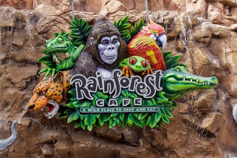 Sign for the Rainforest Cafe restaurant in Disney Springs at Disney World in Orlando, Florida, USA