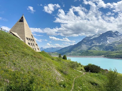 View of left Museum Musée du Mont Cenis on pass road to pass Alpine pass mountain pass Col du Mont