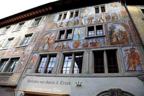 Façade with façade painting in the old town, zum weißen Adler, farm shop, Stein am Rhein, Canton