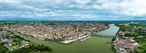 Panorama of Libourne from a drone, Gironde, Nouvelle-Aquitaine, Saint-Emilion and Pomerol,