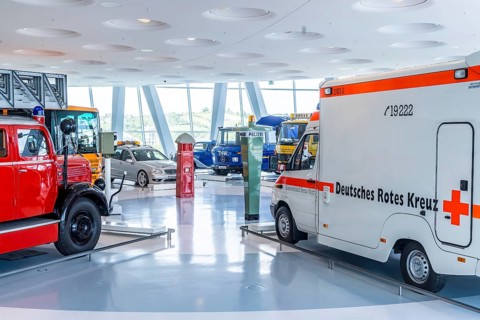 Gallery of helpers with rescue and police vehicles. The Mercedes-Benz Museum in Stuttgart presents