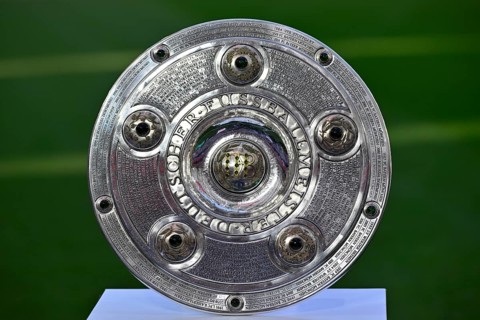 Bundesliga Meisterschale, trophy, cup, on podium, Allianz Arena, Munich, Bavaria, Germany