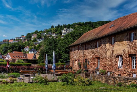 The old castle with Barbarossaplatz and the castle café in the old town centre of Büdingen, Hesse,