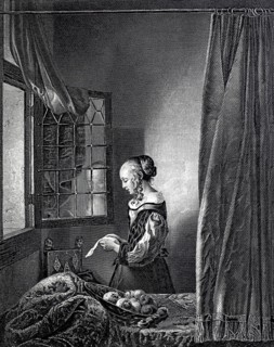 Reading girl standing at the window and reading a letter, Living room, Curtain, Historical,