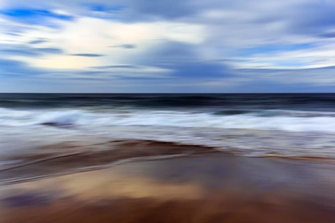 Skarðsvík Beach, surf waves on sandy beach, coastal landscape, evening sky, motion blur, Skardsvik,