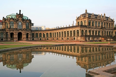 Zwinger, architecture, mirrored view, baroque building, Dresden, Germany