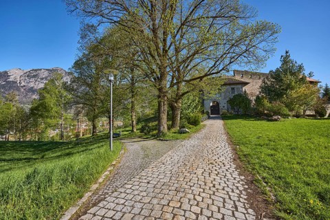 Castle Gruttenstein, mountains, footpath, cobblestones, entrance, trees, lawn, blue sky, cloudless,