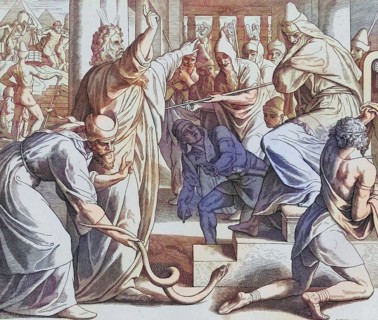 Biblical story, Aaron's staff is transformed into a snake, digitally enhanced reproduction of a