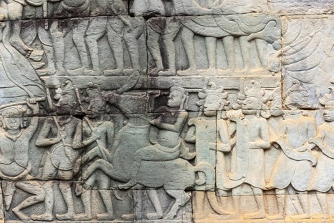 Stone bas-reliefs, Khmer war campaign against the Cham, relief wall, east façade, Bayon temple,
