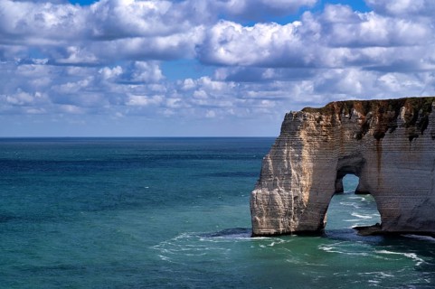 Rock arch Falaise or Porte La Manneporte, behind it Falaise or Porte d'Aval, Étretat, sea, cliffs,