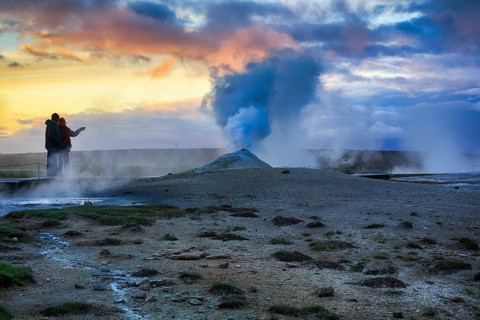 Walkers, sulphur vapour, fumarole, solfataras in the Hveravellir geothermal area, sunset, Icelandic