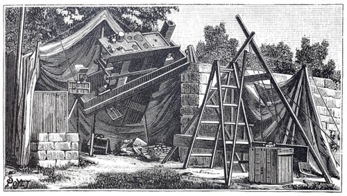 Observation stand for a solar eclipse in Upper Egypt, around 1880, illustration of the instruments