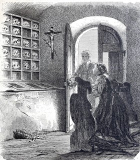 The ossuary in the parish church of St Martin in Buochs in 1888, skull on the wall, Canton