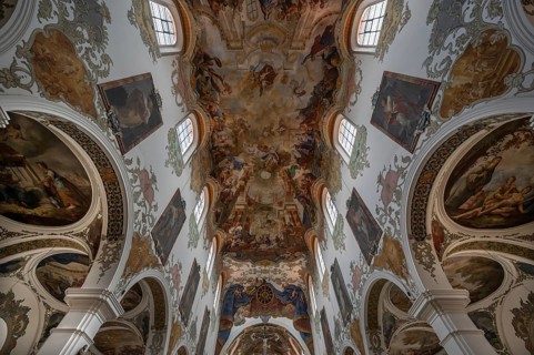 Interior with ceiling frescoes in the nave from 1746, St Martinus and Maria Church, 14th century,