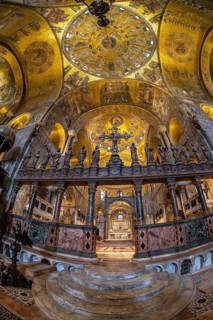 Wide angle view of saint mark's basilica interior in venice, italy, showing golden mosaics,