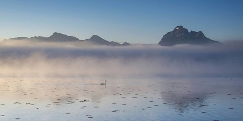 Sunrise at Lake Hopfensee near Füssen, with the Tegelberg massif and the Säuling behind it,