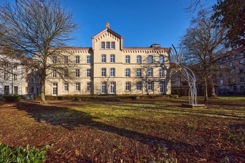 Old Bismarck School, Schiller School, historical buildings, trees, lawn, modern art, blue sky,