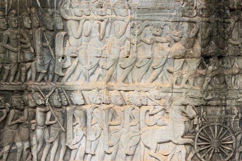 Stone bas-reliefs, Khmer war campaign against the Cham, relief wall, east façade, Bayon temple,