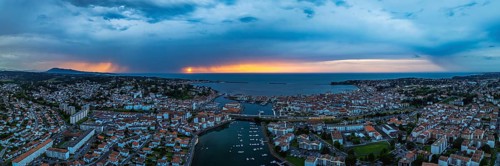 Panorama of Sunset over Saint-Jean-de-Luz from a drone, Nouvelle-Aquitaine, Pyrenees-Atlantiques,