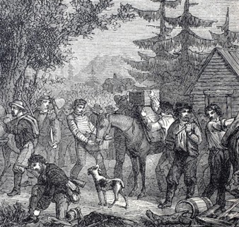 Gold seekers, gold diggers setting out for the claims in California, around 1860, America,