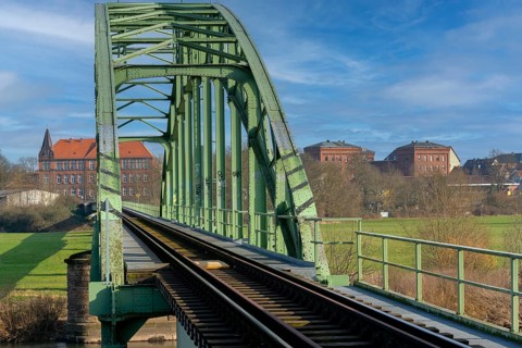 Harbour school with Weser bridge and historic barracks Minden Germany